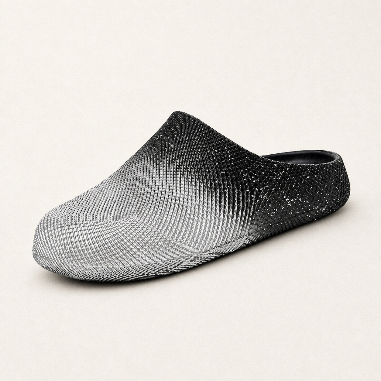 ANSHOE AirWeave EVA Mesh Comfort Slides in Black/Silver, three-quarter product view